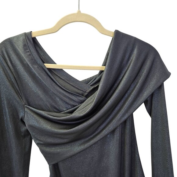 NWT BCBGMaxAzria Blue Metallic Drape Neck Bodysuit Size Small - Picture 5 of 7